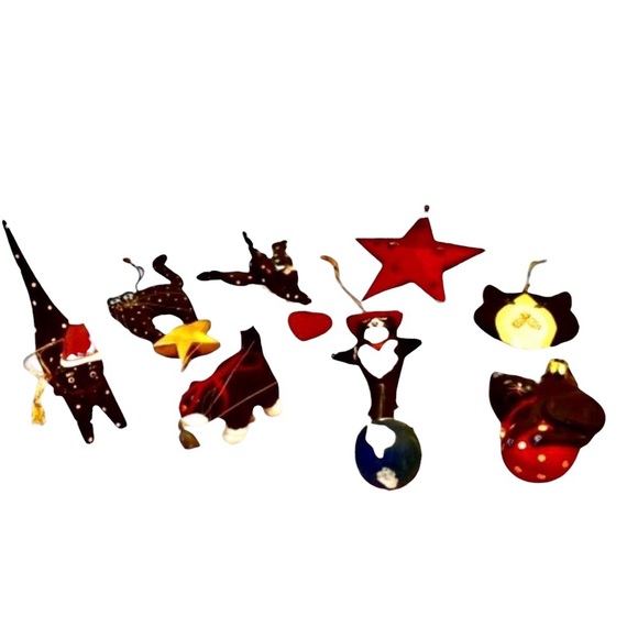 Vintage CAT Christmas Tree Ornaments 6 Wooden Kitties 1 Blown Glass 1 Metal Star